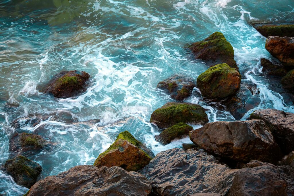 Vibrant ocean waves crash against moss-covered rocks in a dynamic seaside scene.