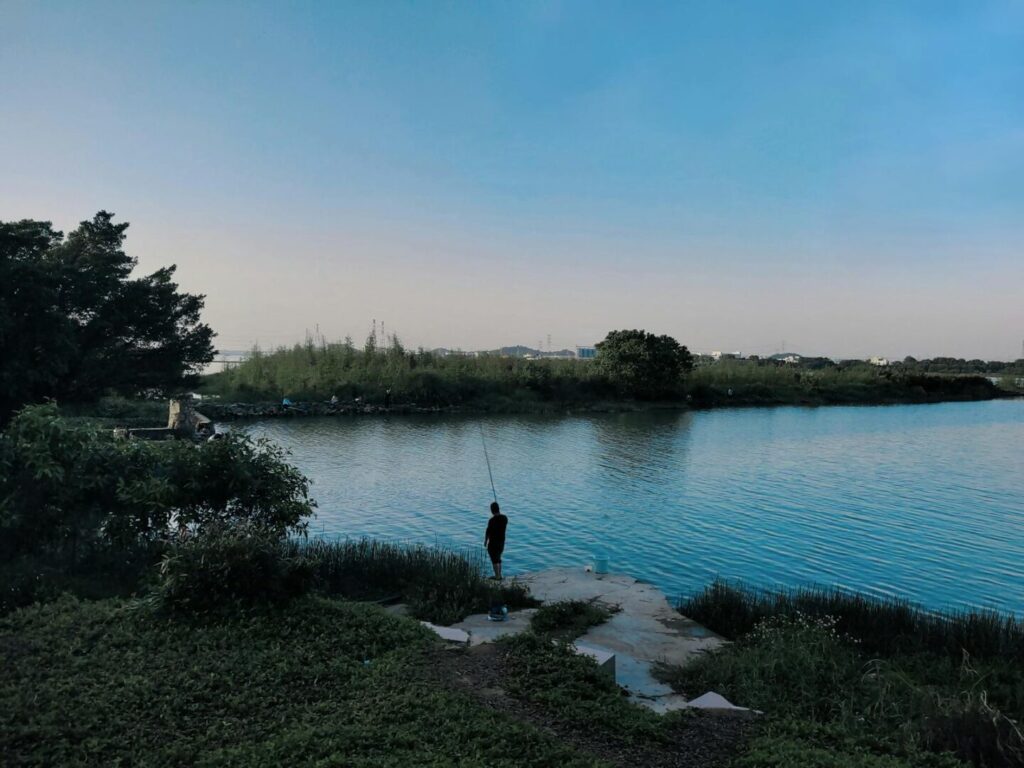 A person fishing by a calm lakeside at dusk, surrounded by lush greenery and a tranquil atmosphere.