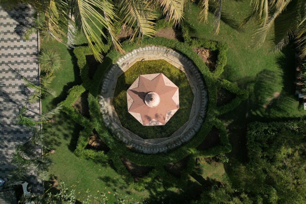 Stunning aerial view of a garden gazebo and lush greenery in Petlad, Gujarat.